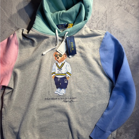Ralph Lauren Colorblock Polo Bear Hoodie - Heather Gray, Mint, Pink & Blue - Picture 4 of 8